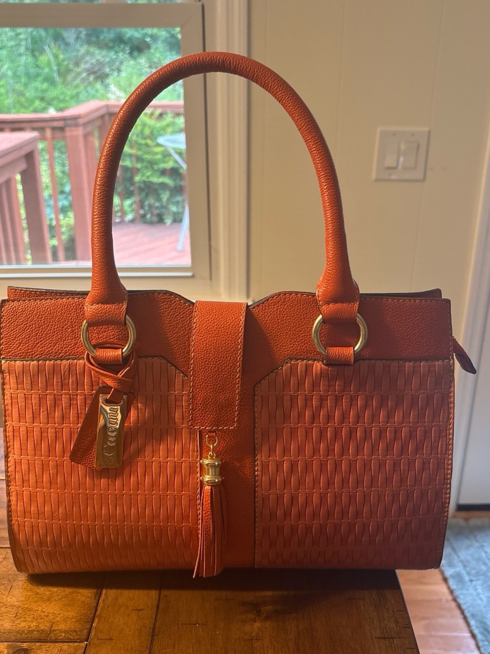 Women's Orange Satchel Handbag with Tassel Accent